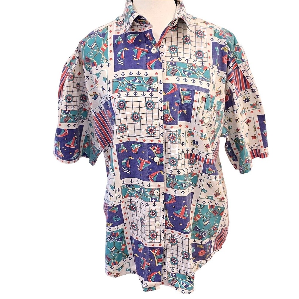 Vintage 80s 90s‎ KZK Nautical Patchwork Print 100% Cotton Women's Shirt Size L